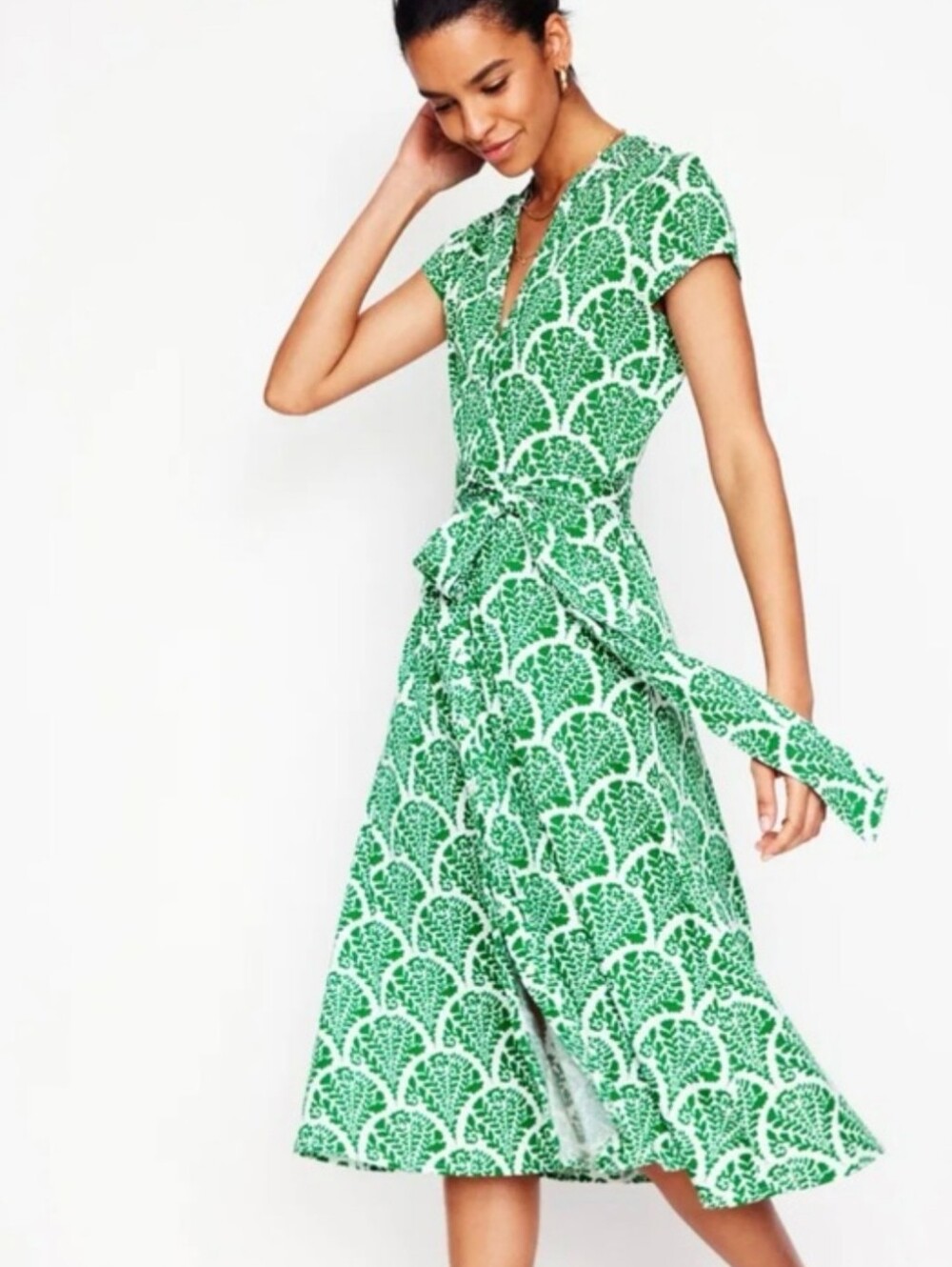 Boden Sara Jersey Shirt Dress Green Scallop Print Belt Preppy Resortwear Size 6